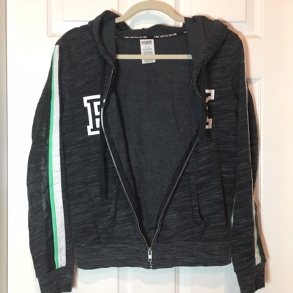 PINK Victoria's Secret Front Full-Zip Side Stripes Black/Gray Hoodie Medium - Picture 3 of 16